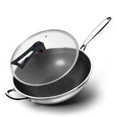 WANGYUANJI 12.6-Inch Honeycomb Nonstick Stainless Steel Wok with Glass Lid – Stir-Fry Pan for Induction & Gas Stove